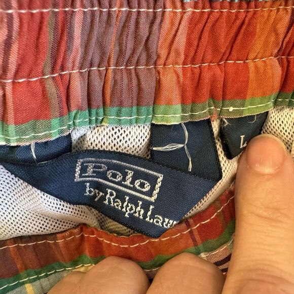 Men's Polo Ralph Lauren Drawstring Patch Work Swim Shorts Plaid Size Large - Picture 4 of 5